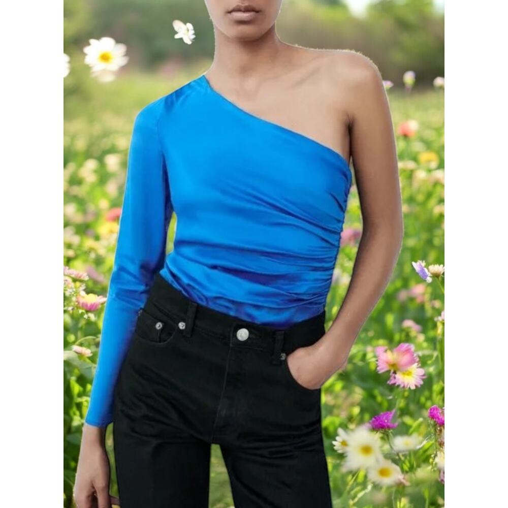 NWOT - Zara Royal Blue Satin Long Sleeve One Shoulder Ruched Bodysuit Size: M